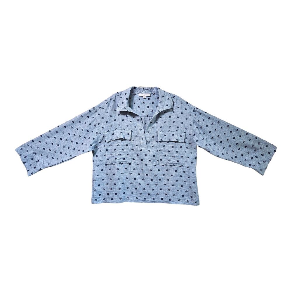 LOFT Ann Taylor Women L Blouse V-Neck Navy Swiss Dot Cotton Linen Blend 44"